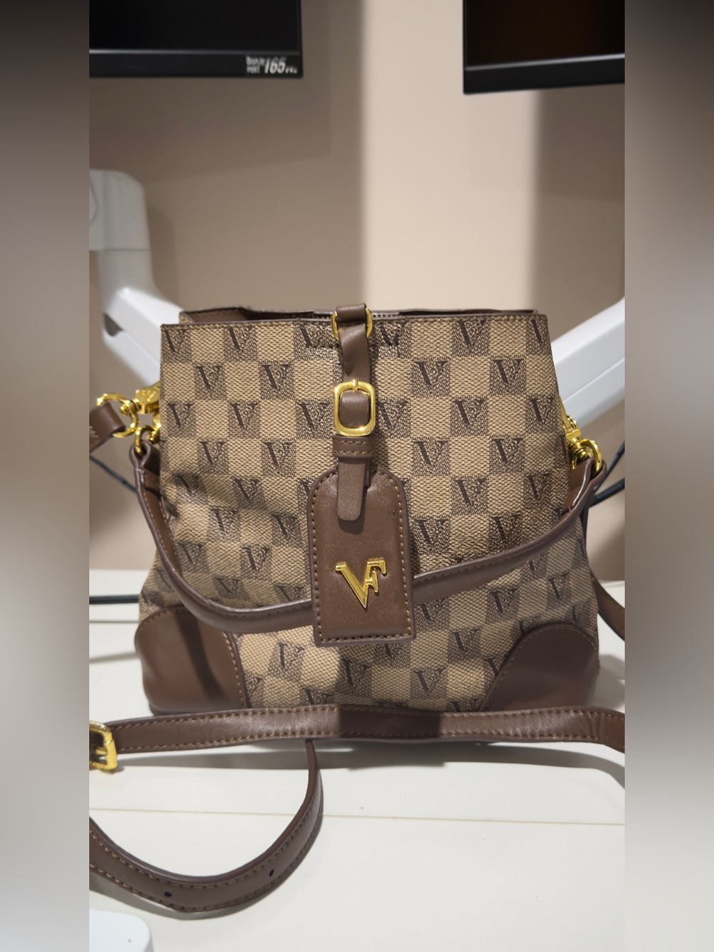 Brown Monogram Crossbody with Gold Accent with 3 compartments & 2 pockets
